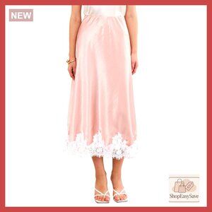 Satin Lace Hem Skirt High Waist A-Line Midi Elegant Cocktail Party Wear